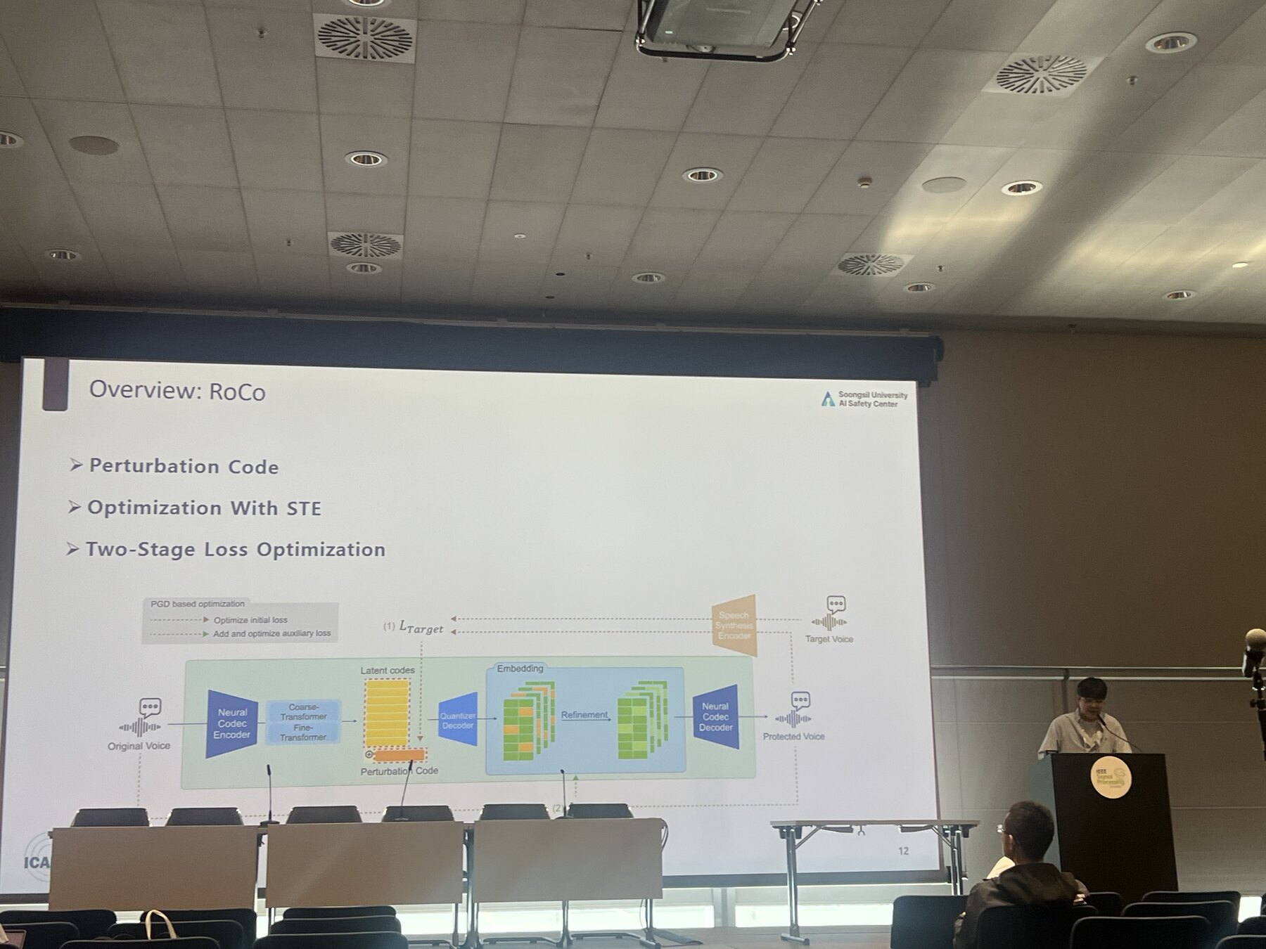 ICASSP 2026 발표장에서 RoCo의 perturbation code, STE, two-stage loss optimization과 전체 구조를 설명하는 장면